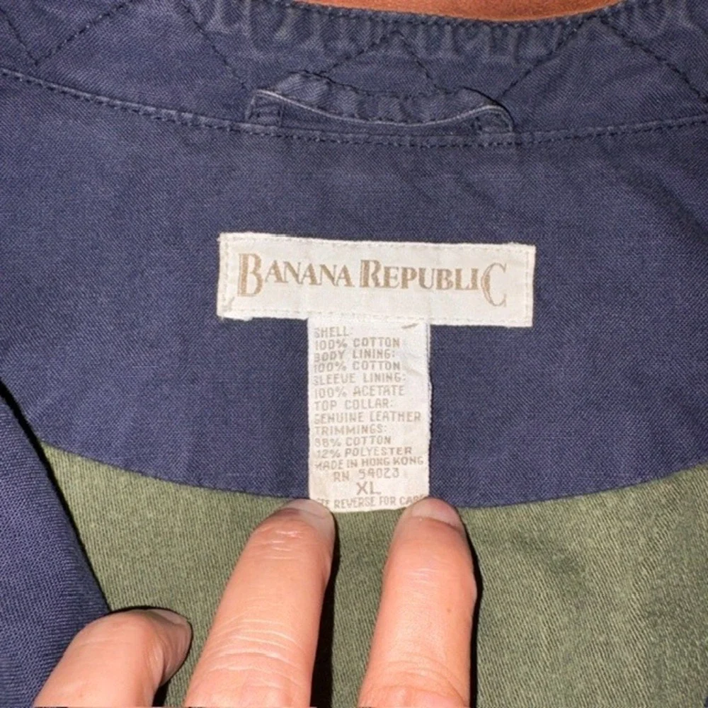 Banana Republic VTG Vintage Chore Coat Leather Collar Corduroy Trim Navy Blue XL